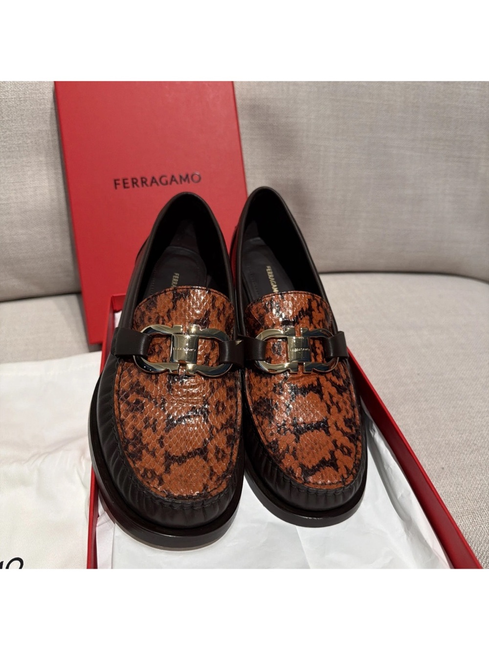 Salvatore Ferragamo Brown Orange Snake-Print Leather Bit Loafers size 7 1/2.